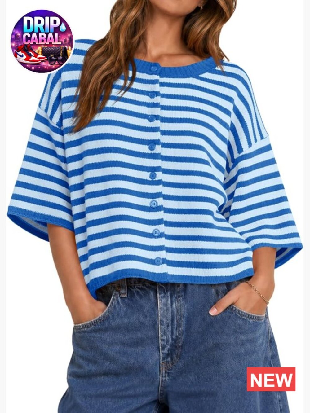 Cropped Striped Button Down Oversized Lightweight Knit Summer Sweater Cardigan